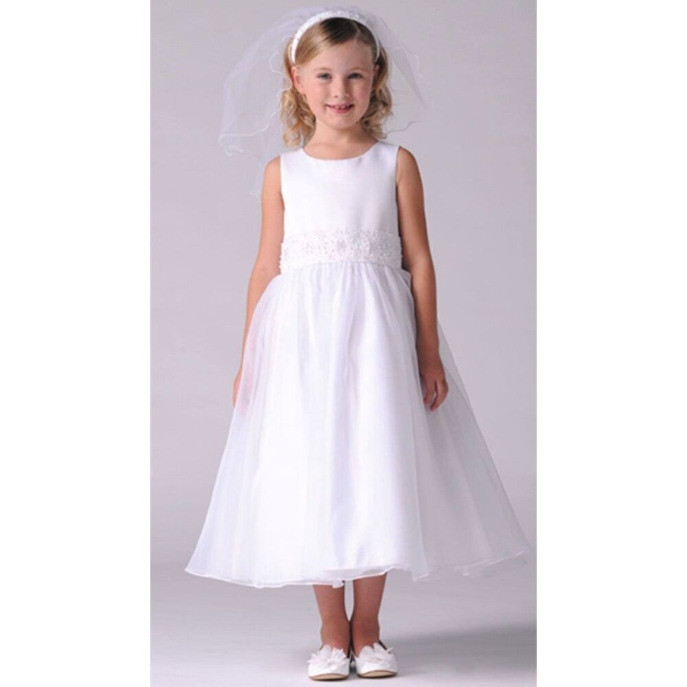 NWT Us Angels Girls White Sleeveless Beaded Cummerbund Dress Size 8 $160 [jb]